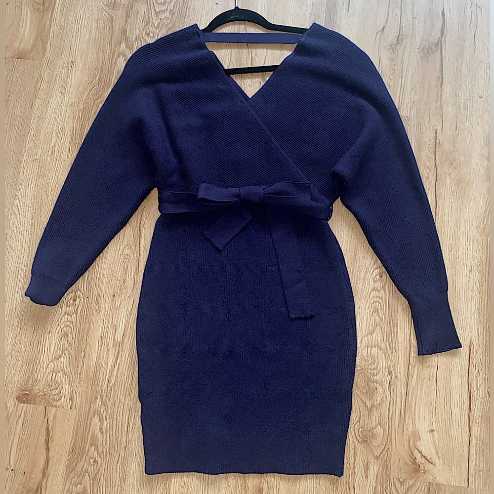 Navy Blue Sweater Dress with Removable/Adjustable Bow